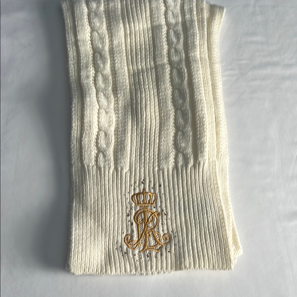 Ralph Lauren Ivory Cable Knit Scarf with Gold Logo